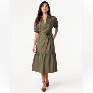 Free assembly green dress short sleeves with belt size XXL ruffle neck midi